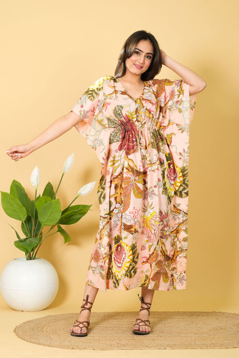 Peach Color Indian Cotton Kaftan, V-neck 3/4 Sleeve Dress from Marika Textiles