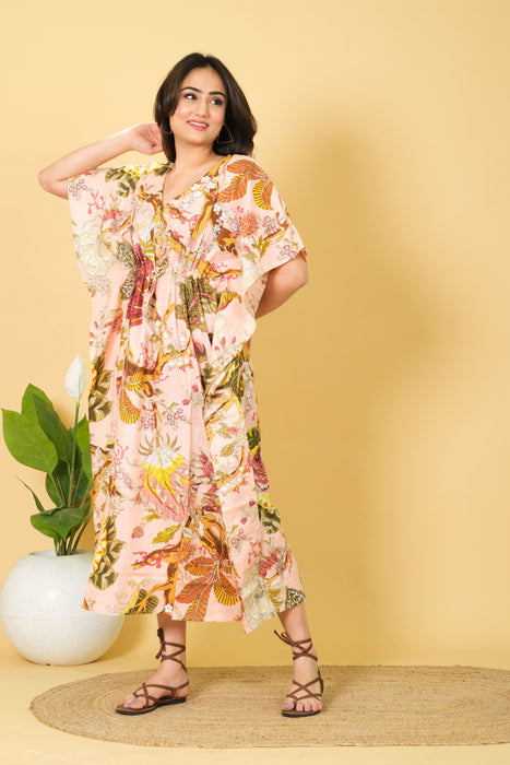 Peach Color Indian Cotton Kaftan, V-neck 3/4 Sleeve Dress from Marika Textiles