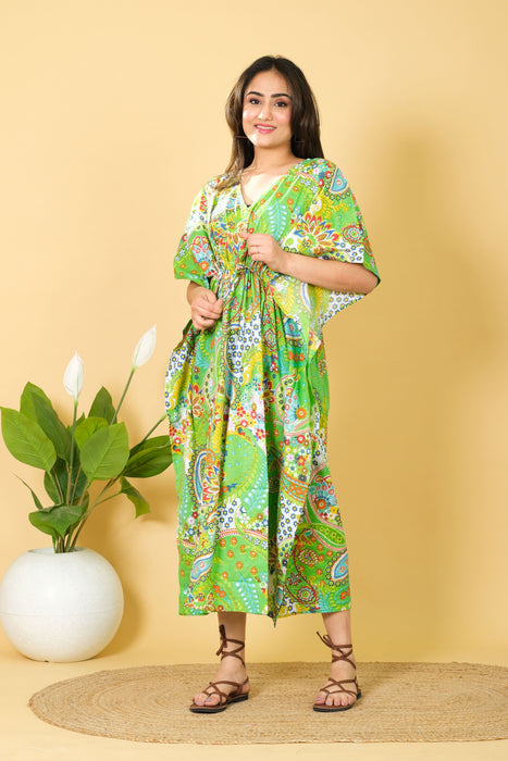 Women's Green Paisley Print Cotton Kaftan, Party Wear Dress from Marika Textiles