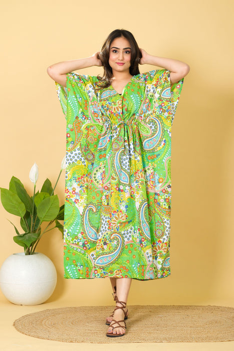 Women's Green Paisley Print Cotton Kaftan, Party Wear Dress from Marika Textiles