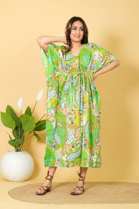 Women's Green Paisley Print Cotton Kaftan, Party Wear Dress from Marika Textiles