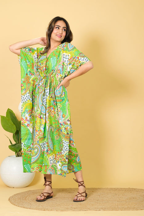 Women's Green Paisley Print Cotton Kaftan, Party Wear Dress from Marika Textiles