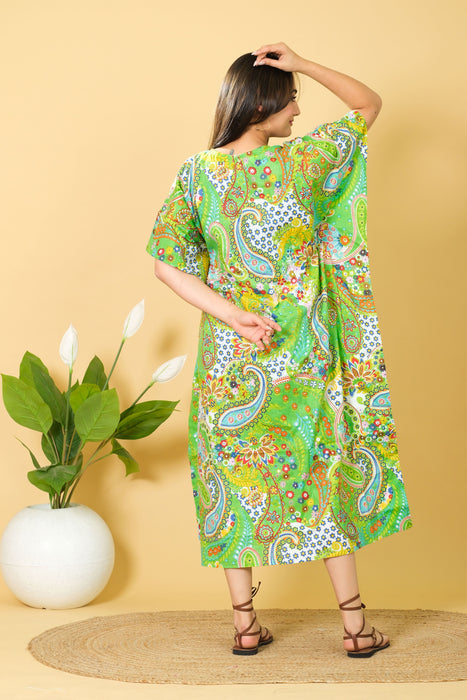 Women's Green Paisley Print Cotton Kaftan, Party Wear Dress from Marika Textiles