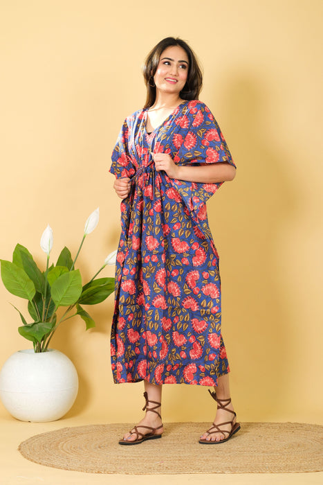 Handmade 100% Cotton Blue & Red Floral Print Kaftan, V-neck Dress for Women