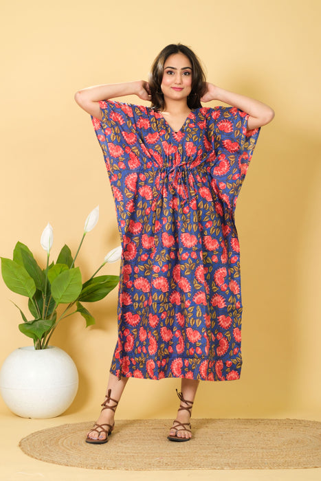 Handmade 100% Cotton Blue & Red Floral Print Kaftan, V-neck Dress for Women