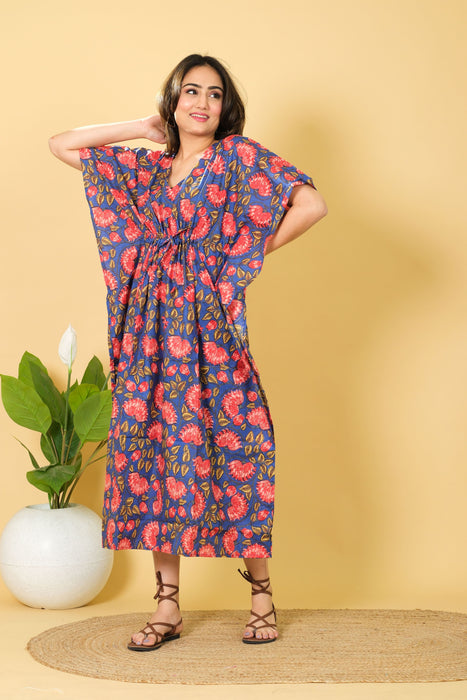 Handmade 100% Cotton Blue & Red Floral Print Kaftan, V-neck Dress for Women