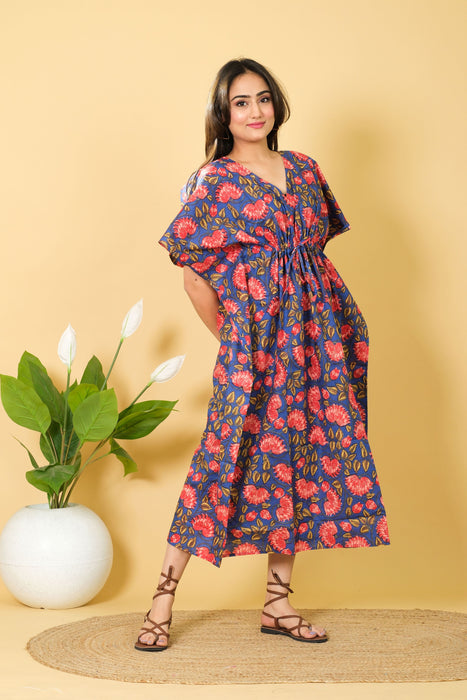 Handmade 100% Cotton Blue & Red Floral Print Kaftan, V-neck Dress for Women