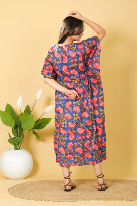 Handmade 100% Cotton Blue & Red Floral Print Kaftan, V-neck Dress for Women