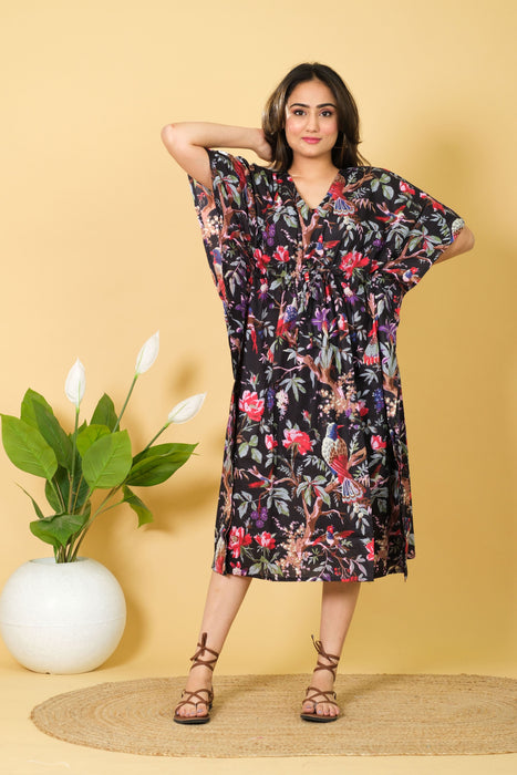 Black Bird Print Cotton Kaftan, One Size Maxi Dress, Beach Wear Caftan