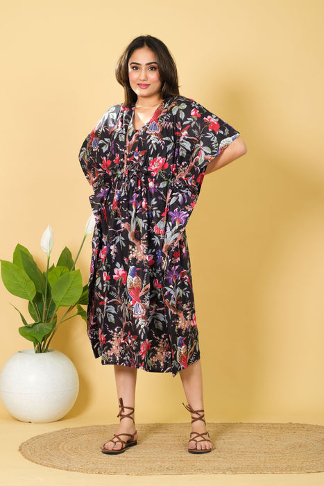 Black Bird Print Cotton Kaftan, One Size Maxi Dress, Beach Wear Caftan