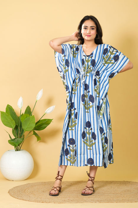 Women's Handmade Cotton Kaftan, 3/4 Sleeve V-neck Dress from Marika Textiles