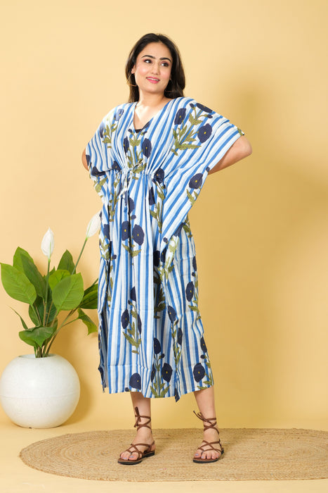 Women's Handmade Cotton Kaftan, 3/4 Sleeve V-neck Dress from Marika Textiles