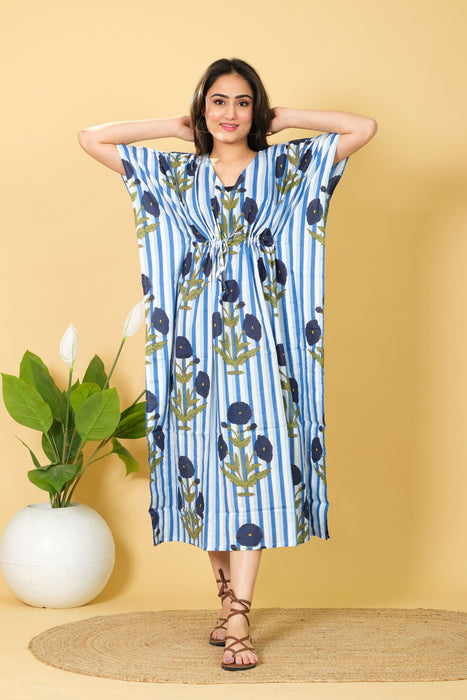 Women's Handmade Cotton Kaftan, 3/4 Sleeve V-neck Dress from Marika Textiles