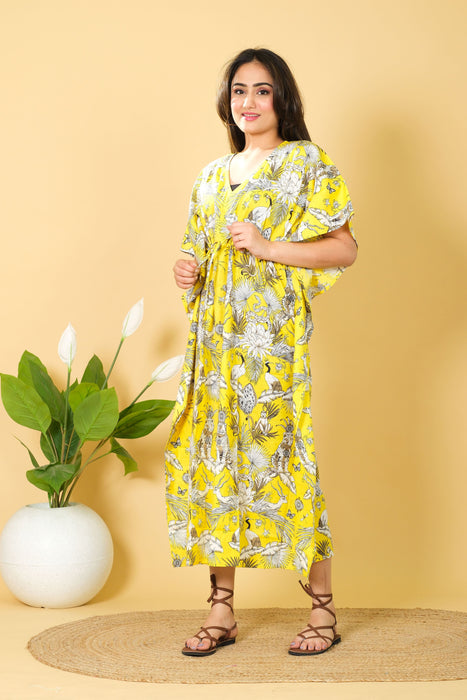 Women's Handmade Cotton Kaftan, Yellow Monkey Beach Wear Maxi Dress