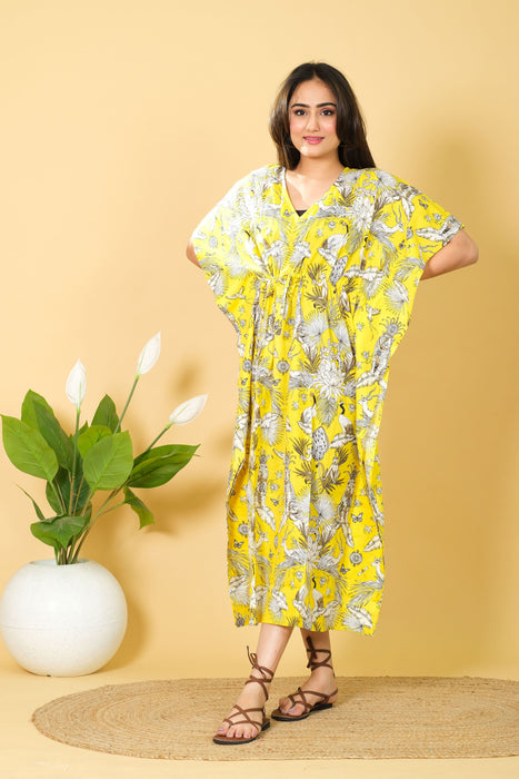 Women's Handmade Cotton Kaftan, Yellow Monkey Beach Wear Maxi Dress