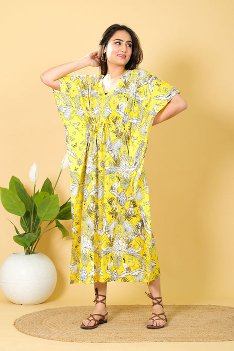 Women's Handmade Cotton Kaftan, Yellow Monkey Beach Wear Maxi Dress