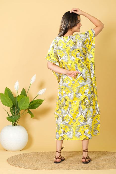 Women's Handmade Cotton Kaftan, Yellow Monkey Beach Wear Maxi Dress