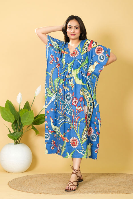 Indian Women's Wear Blue Peacock Print Cotton Kaftan, V-neck Maxi Dress