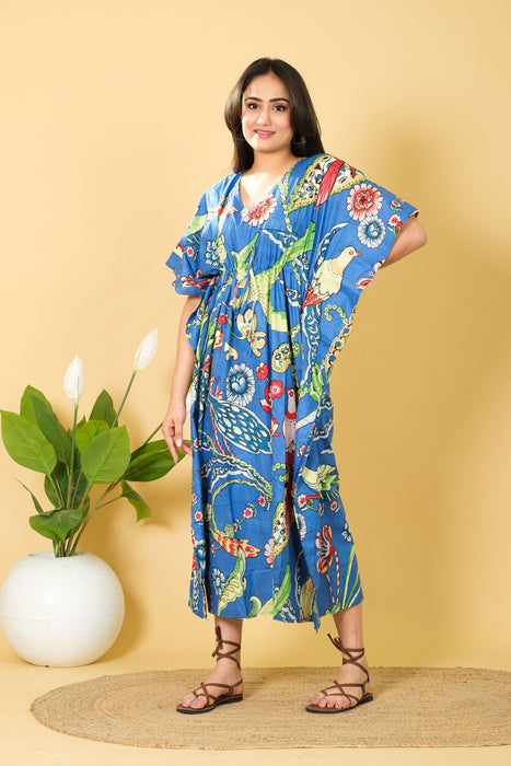 Indian Women's Wear Blue Peacock Print Cotton Kaftan, V-neck Maxi Dress