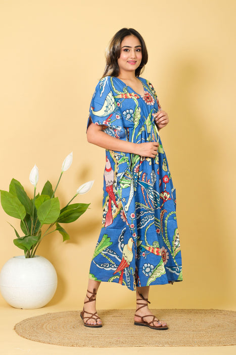 Indian Women's Wear Blue Peacock Print Cotton Kaftan, V-neck Maxi Dress