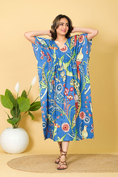 Indian Women's Wear Blue Peacock Print Cotton Kaftan, V-neck Maxi Dress