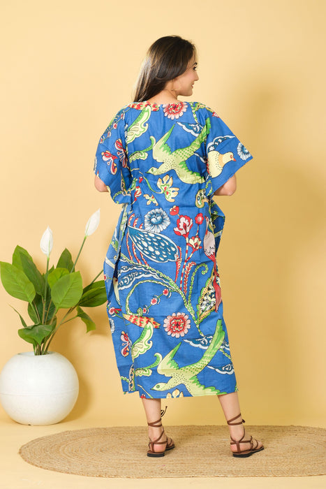 Indian Women's Wear Blue Peacock Print Cotton Kaftan, V-neck Maxi Dress