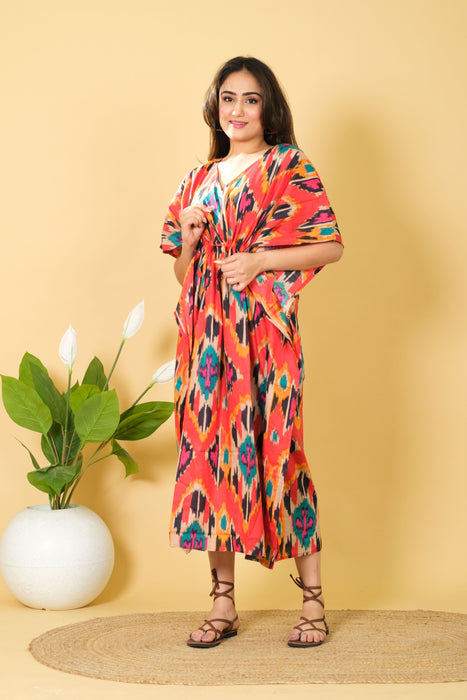 One Size Orange Cotton Kaftan Gown for Women from Marika Textiles