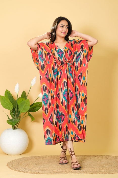 One Size Orange Cotton Kaftan Gown for Women from Marika Textiles