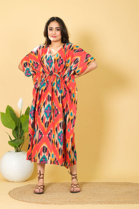 One Size Orange Cotton Kaftan Gown for Women from Marika Textiles