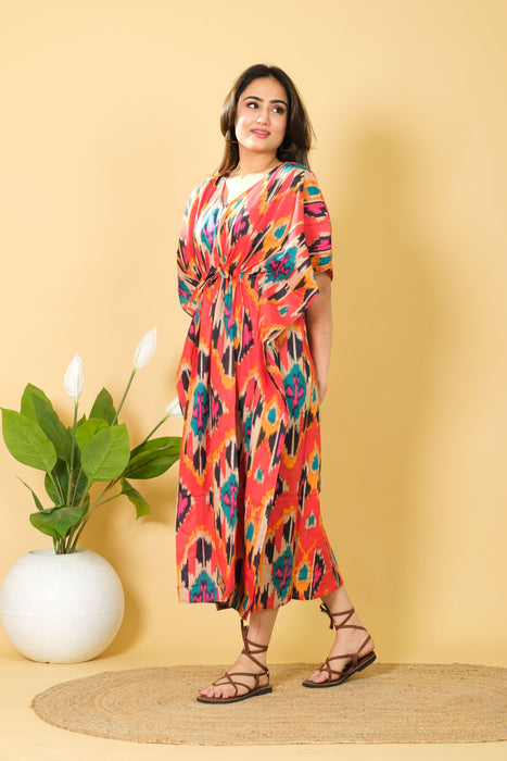 One Size Orange Cotton Kaftan Gown for Women from Marika Textiles