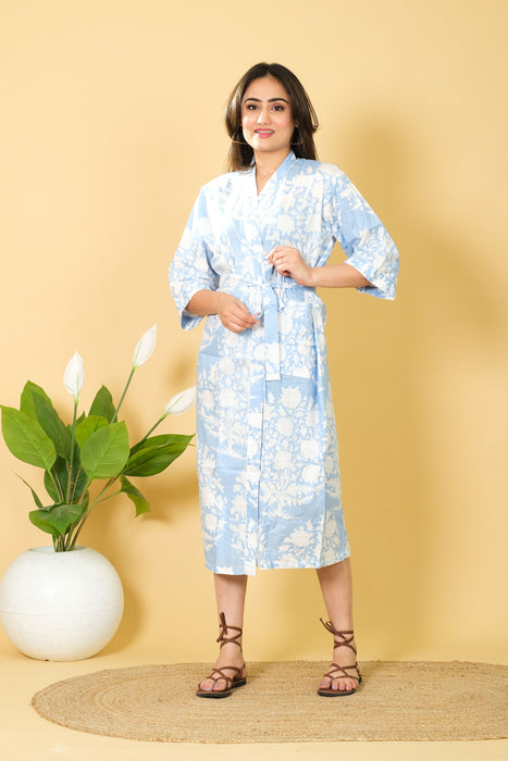 Floral Print Kimono Bathrobe from Marika Textiles, Blue Bikini Cover-up Robe