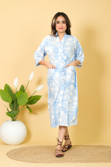 Floral Print Kimono Bathrobe from Marika Textiles, Blue Bikini Cover-up Robe