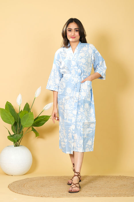 Floral Print Kimono Bathrobe from Marika Textiles, Blue Bikini Cover-up Robe