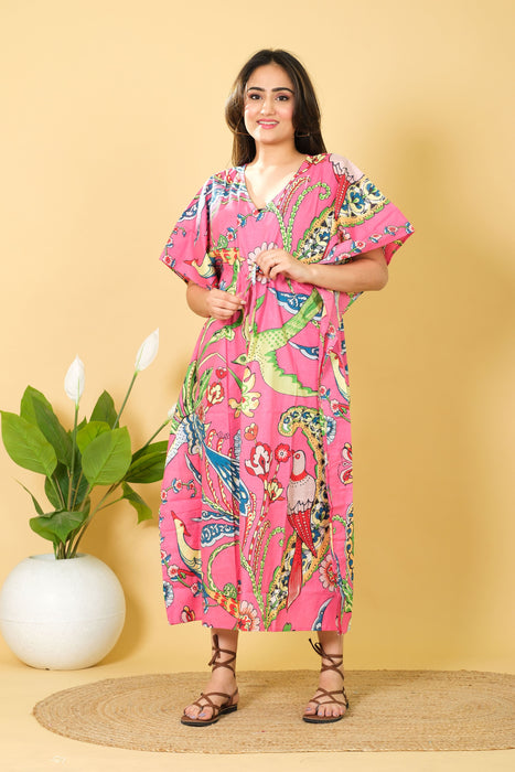 Women's Long Size Pink Cotton Kaftan, 3/4 Sleeve Party Wear Gown with Peacock Print