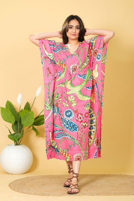 Women's Long Size Pink Cotton Kaftan, 3/4 Sleeve Party Wear Gown with Peacock Print