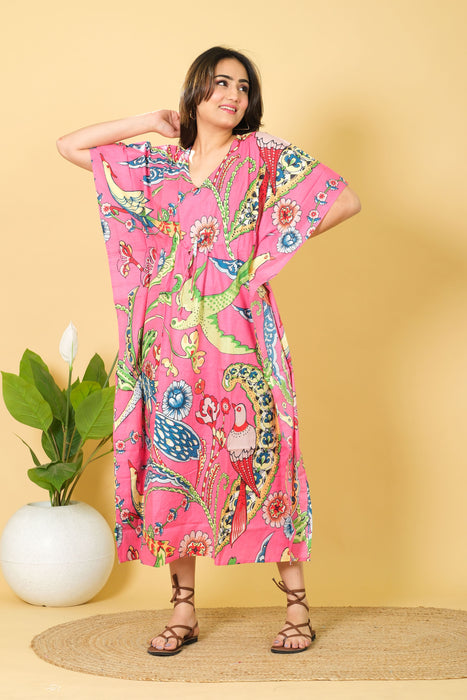 Women's Long Size Pink Cotton Kaftan, 3/4 Sleeve Party Wear Gown with Peacock Print