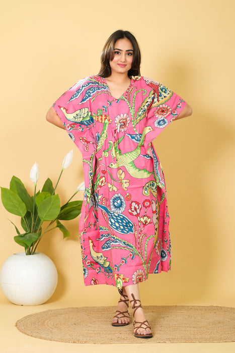 Women's Long Size Pink Cotton Kaftan, 3/4 Sleeve Party Wear Gown with Peacock Print