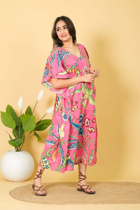 Women's Long Size Pink Cotton Kaftan, 3/4 Sleeve Party Wear Gown with Peacock Print