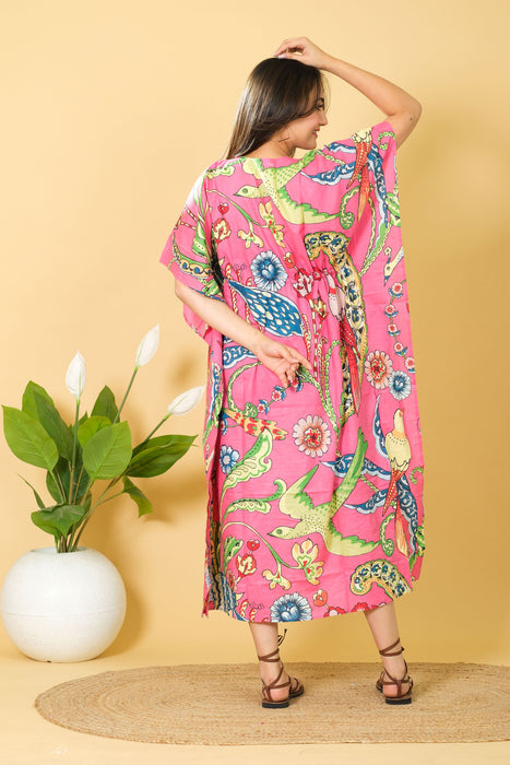 Women's Long Size Pink Cotton Kaftan, 3/4 Sleeve Party Wear Gown with Peacock Print