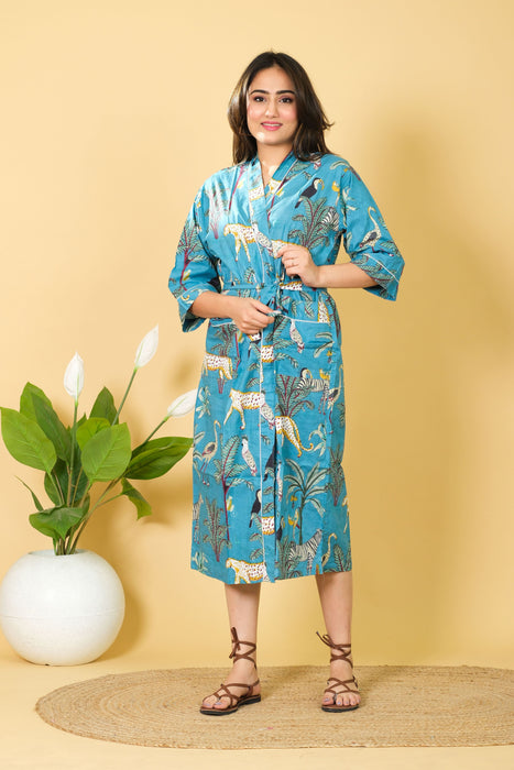 Jungle Print Cotton Kimono Robe, 3/4 Sleeve V-neck Bathrobe, Beach Wear Bikini Cover-up