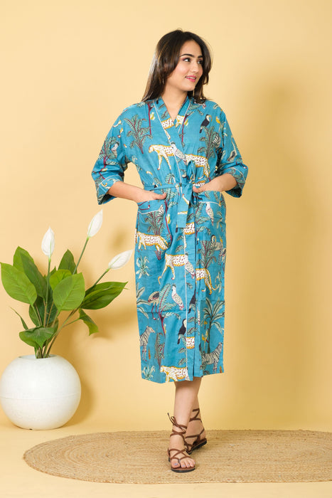 Jungle Print Cotton Kimono Robe, 3/4 Sleeve V-neck Bathrobe, Beach Wear Bikini Cover-up