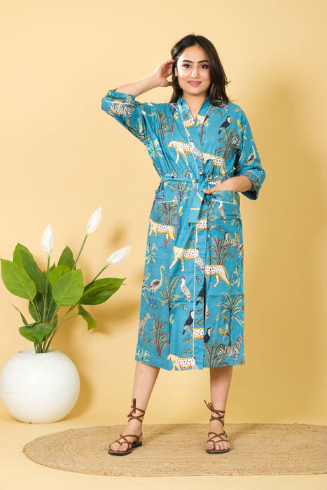 Jungle Print Cotton Kimono Robe, 3/4 Sleeve V-neck Bathrobe, Beach Wear Bikini Cover-up