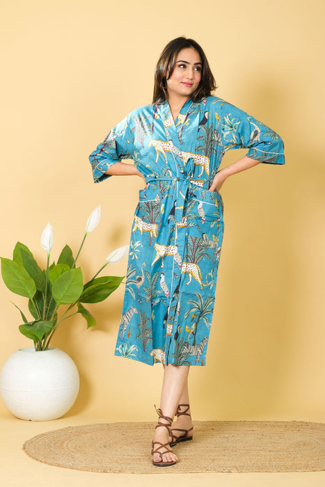 Jungle Print Cotton Kimono Robe, 3/4 Sleeve V-neck Bathrobe, Beach Wear Bikini Cover-up