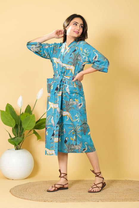 Jungle Print Cotton Kimono Robe, 3/4 Sleeve V-neck Bathrobe, Beach Wear Bikini Cover-up