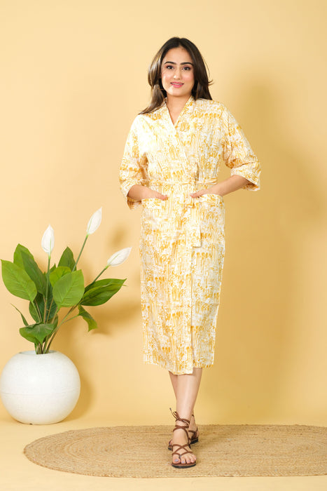 Buy Yellow & White Cotton Robe, 3/4 Sleeve Beach Wear Bikini Cover-up Bathrobes Online