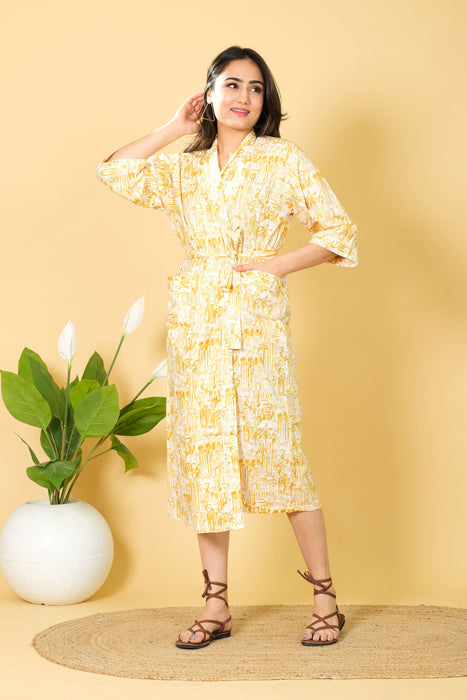 Buy Yellow & White Cotton Robe, 3/4 Sleeve Beach Wear Bikini Cover-up Bathrobes Online