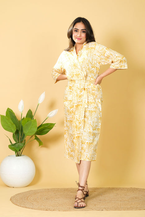 Buy Yellow & White Cotton Robe, 3/4 Sleeve Beach Wear Bikini Cover-up Bathrobes Online