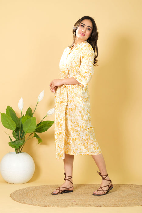 Buy Yellow & White Cotton Robe, 3/4 Sleeve Beach Wear Bikini Cover-up Bathrobes Online