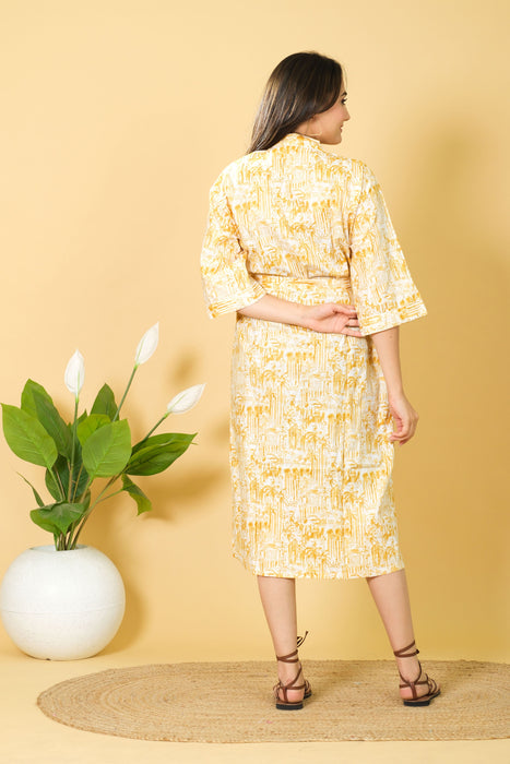 Buy Yellow & White Cotton Robe, 3/4 Sleeve Beach Wear Bikini Cover-up Bathrobes Online