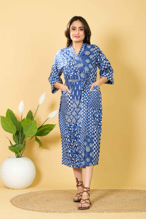 Blue Patchwork Print Bathrobe Indian Bikini Cover-up V-neck Kimono Robe from Marika Textiles